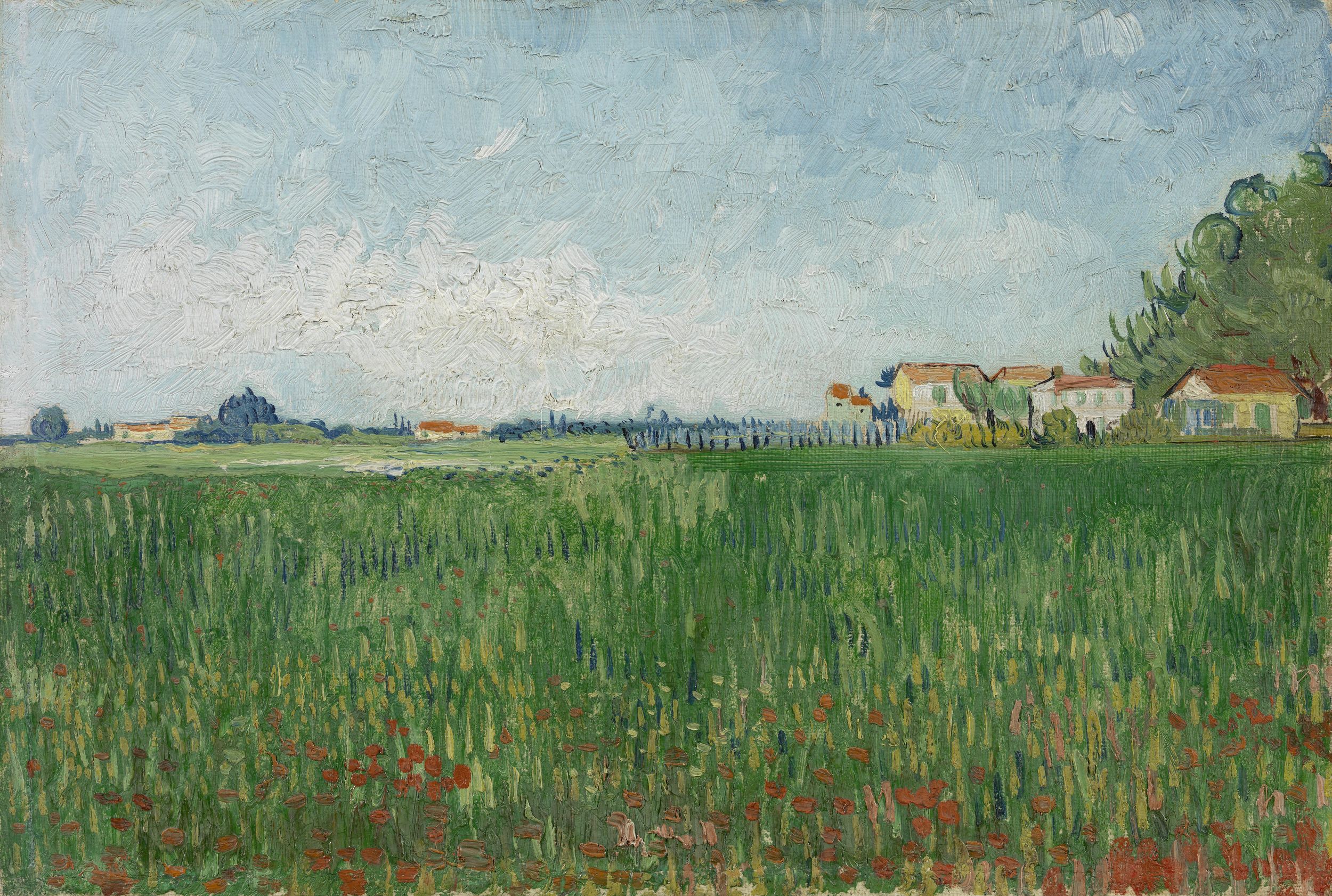 Картина Ван Гога Фермерские дома на пшеничном поле близ Арля 1888